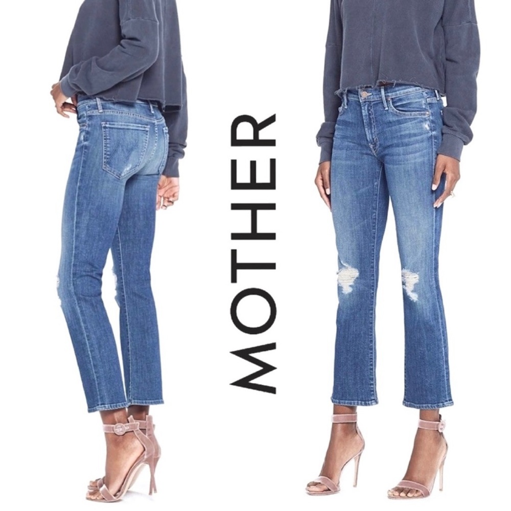 MOTHER Cropped Distressed Blue Jeans